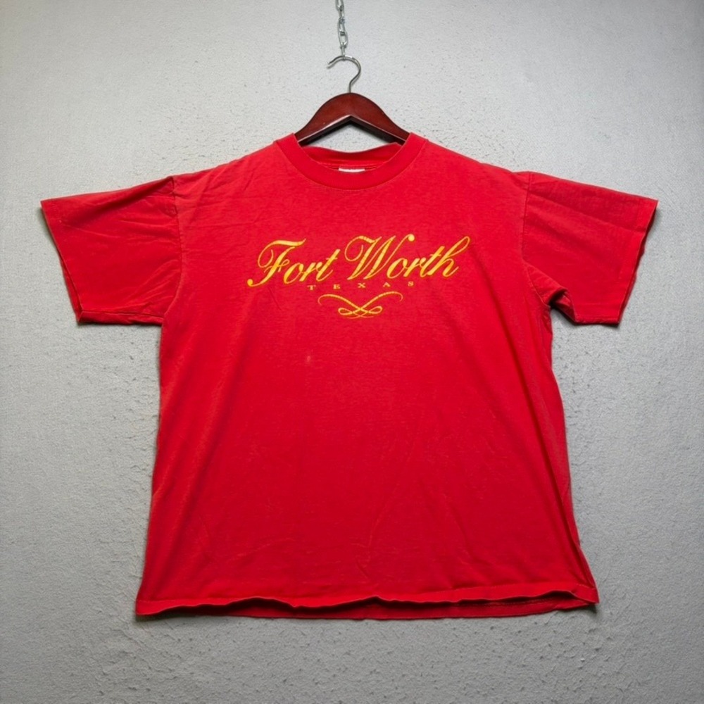 Oneita T-Shirt Mens Large Red Fort Worth Texas 90s Vintage Single Stitch Tee
